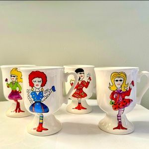 KITSCHY PAINTED LADIES TEA CUP SET OF 4